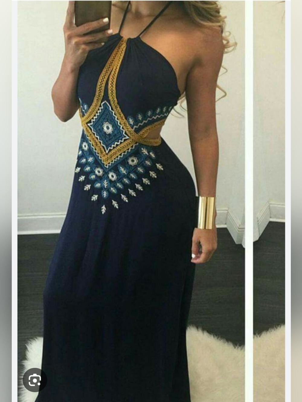 Lulumari Anthropologie Embroidered Halter Maxi Dress Navy Blue Cutout Boho M